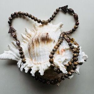 Leopard Skin Jasper Beaded Necklace Carved Stone Triangle Artisan Boho Statement